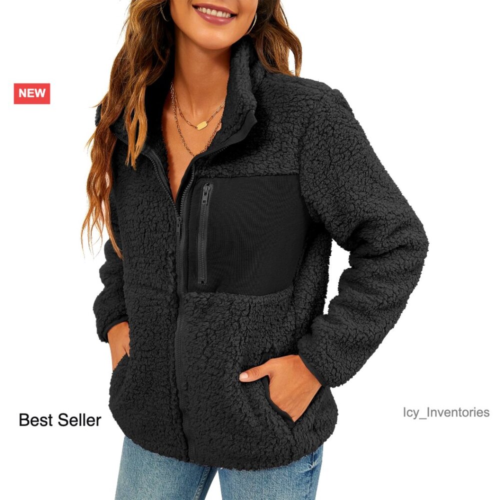 Faux Shearling Full Zip Patchwork Jacket Oversize… - image 1